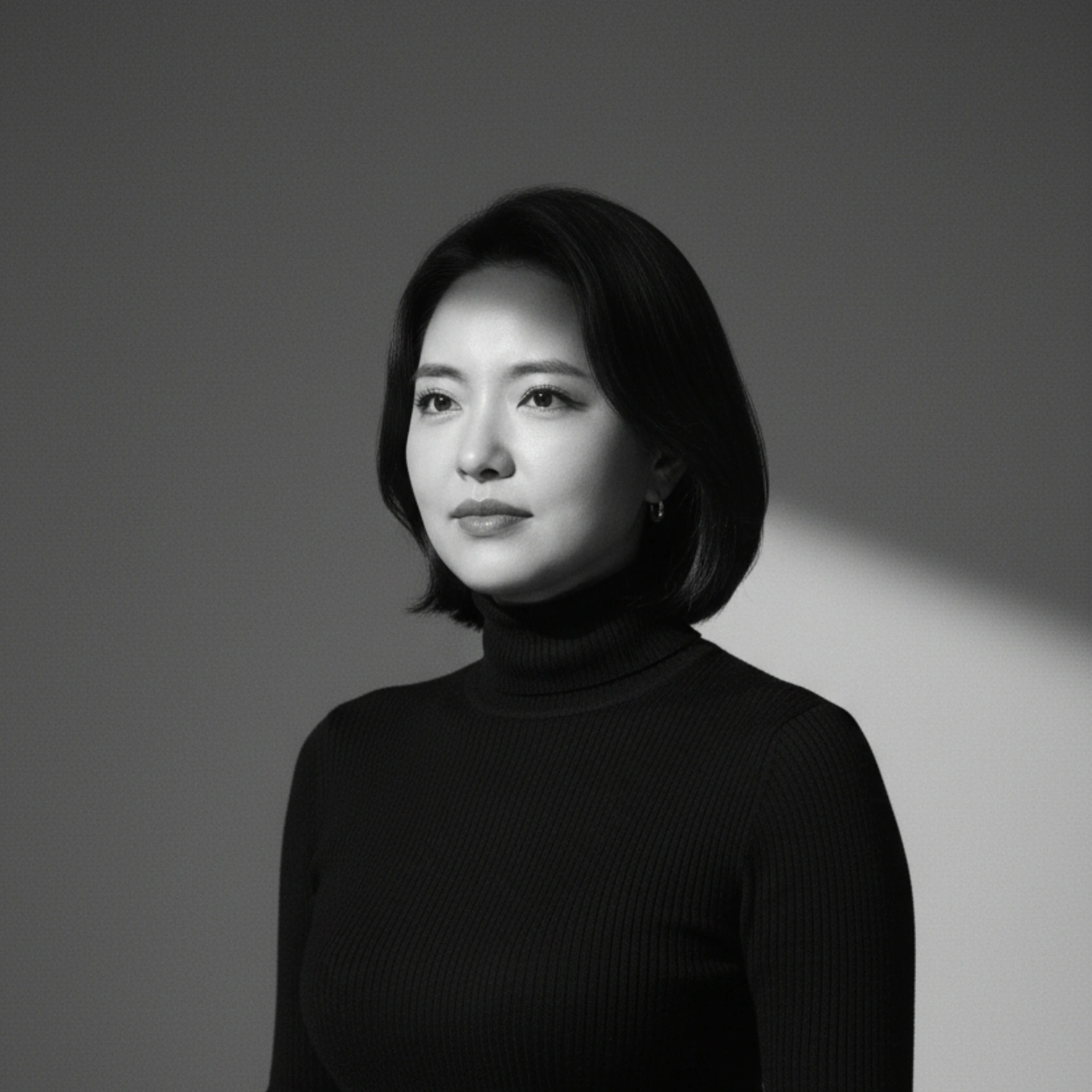 검은 터틀넥 차림의 서욱 흑백 인물사진